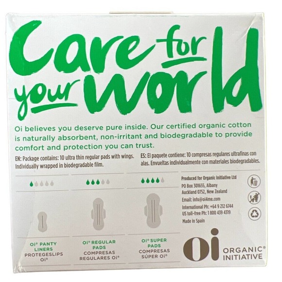 2 Pack Oi Organic Cotton Ultra Thin Super Pads with Wings 10 Ct Each - Picture 3 of 3